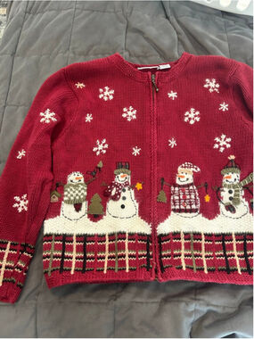 Women's Croft & Barrow Petite Cardigan MP Red Snowman Christmas